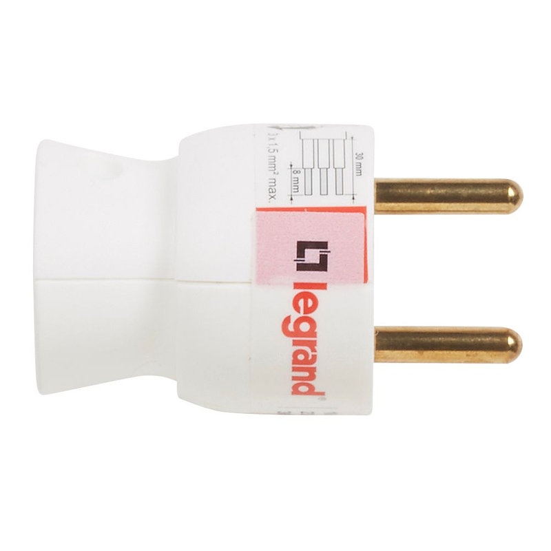 Legrand 050101 - Fiche plastique 2P+T 16A à sortie latérale avec étiquette avec Gencod - blanc