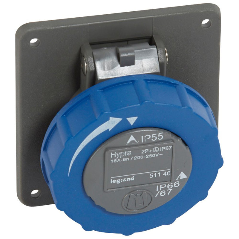 Legrand 051146 - Prise à entraxes unifiés Hypra IP66/67-55 - 200V~ à 250V~ - 2P+T - plastique