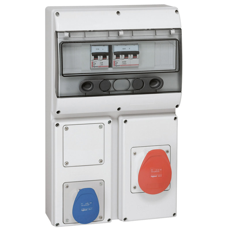 Legrand 058921 - Coffret 2 prises P17 IP44 - 1 prise 2P+T 16A et 1 prise 3P+N+T 32A + disjoncteur