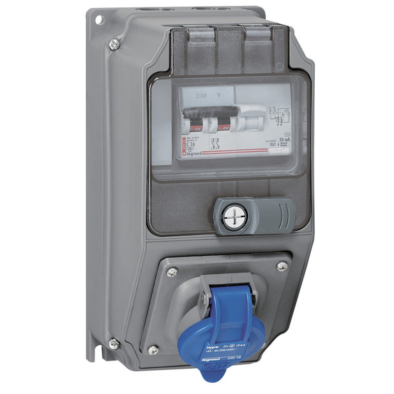 Legrand 059207 - Coffret monoprise Hypra IP44 - 2P+T 16A 200V~ à 250V~ et 1 disjoncteur diff