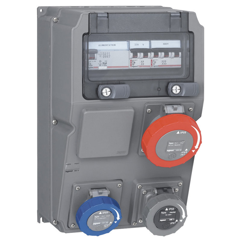 Legrand 059874 - Coffret 3 prises Hypra IP66/67-55 dont 1x3P+T 32A , 1 disj, 1 inter différentiel
