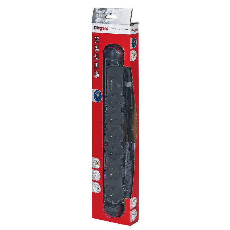Legrand 050297 - Rallonge multiprise 6 prises de courant 2P+T 16A 230V avec parafoudre - noir