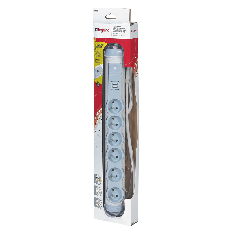 Legrand 050392 - Rallonge 6 prises de courant + 2 chargeurs USB - Blanc/Gris
