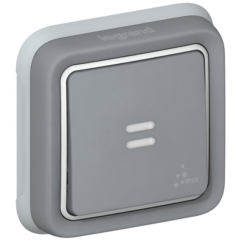 Legrand 069821 - Poussoir inverseur étanche NO+NF lumineux Plexo complet IP55 encastré 10A - gris