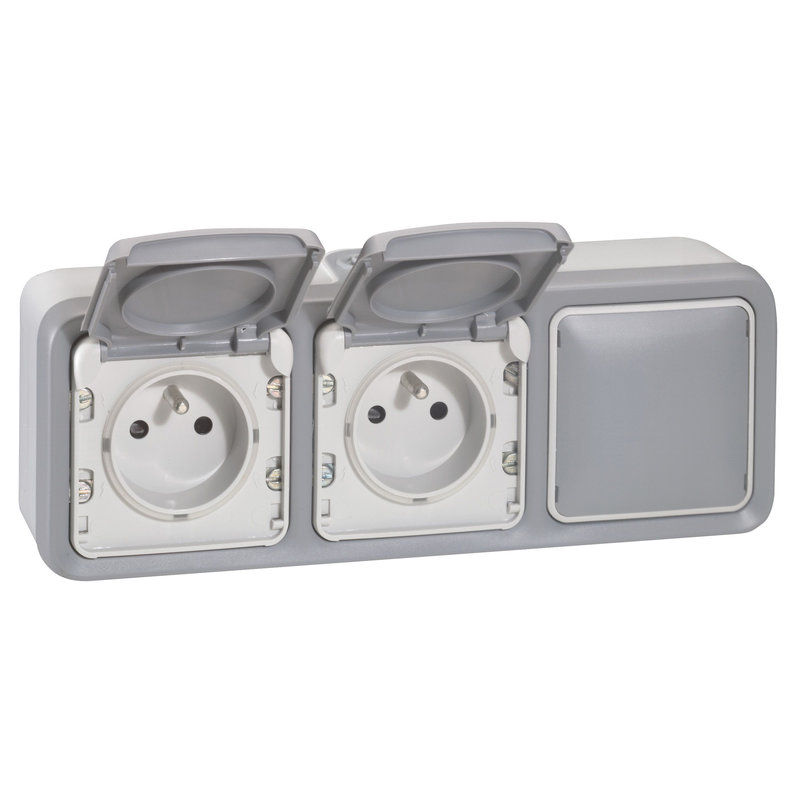 Legrand 069909 - Double prise de courant + obturateur Plexo complet apparent - Gris