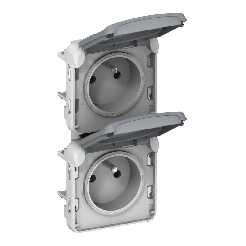 Legrand 069935 - Double prise de courant avec terre précâblée + volet IP55 Plexo -vertical -Gris