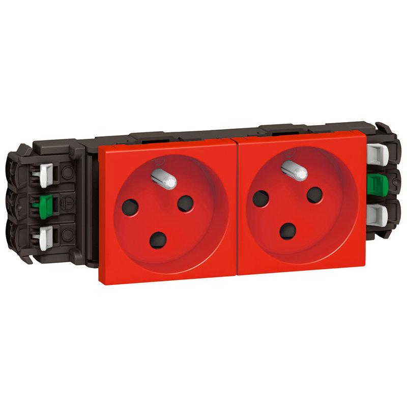 Legrand 077322 - Double prise 2P+T à détrompage Mosaic 4 modules pour goulottes monobloc - rouge