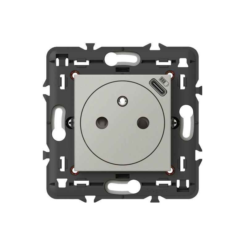 Legrand 079361L - Prise 2P+T Surface avec Prise USB Type-C Mosaic 2 modules avec support - alu