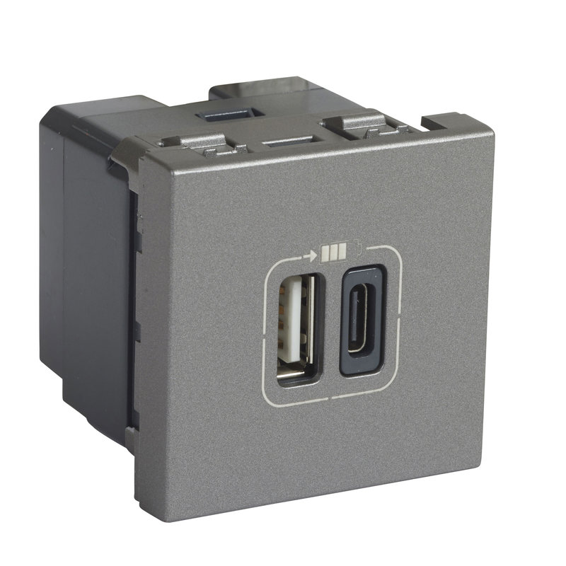 Legrand 079392 - Prise USB Type-A + USB Type-C 3A 5V= 15W Mosaic 2 modules 230V - alu