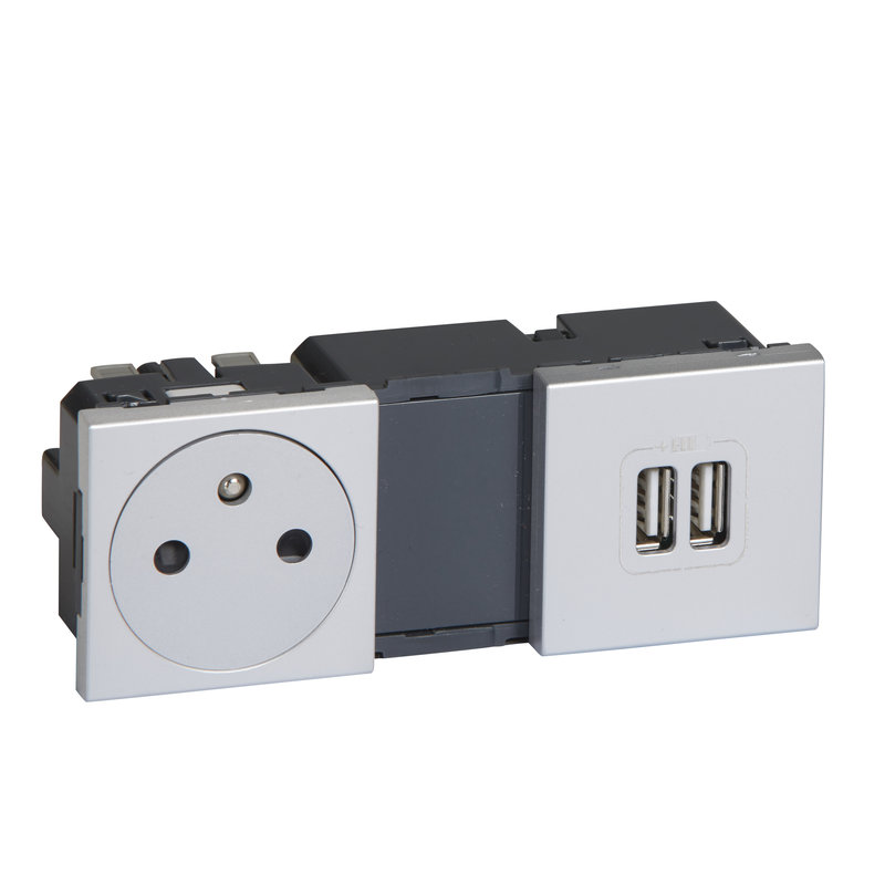 Legrand 079395 - Prise 2P+T Surface + Prises 2 USB TypeA 2,4A 5V= Mosaic 2x2modules 230V -alu