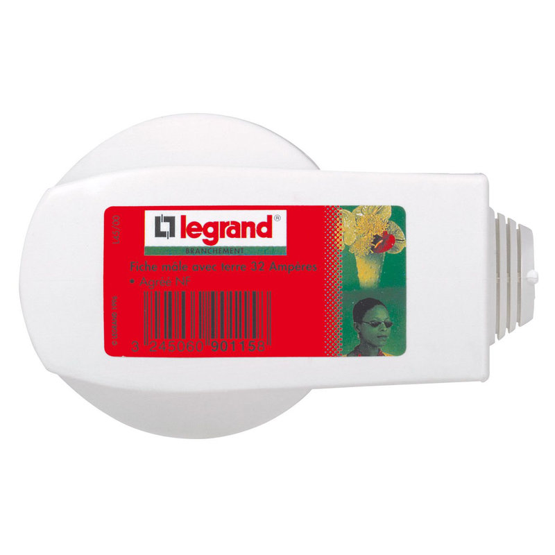 Legrand 090115 - Fiche 2P+T 32A sortie latérale par embout avec serre-câbles - étiquette Gencod
