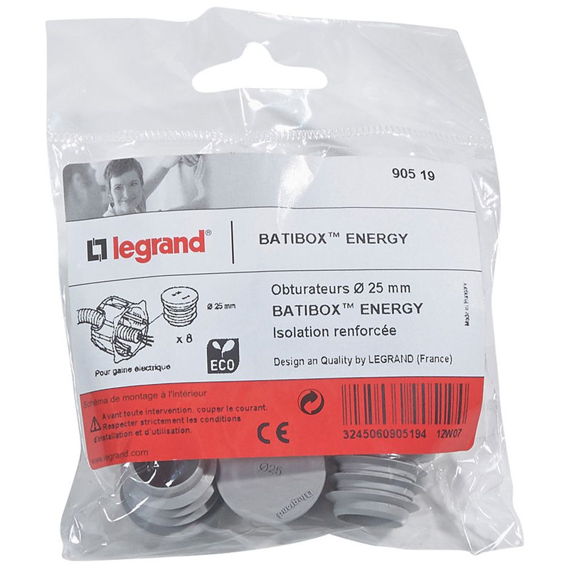 Legrand 090519 - Lot de 8 obturateurs pour boîte à encastrer Ecobatibox - Ø25mm