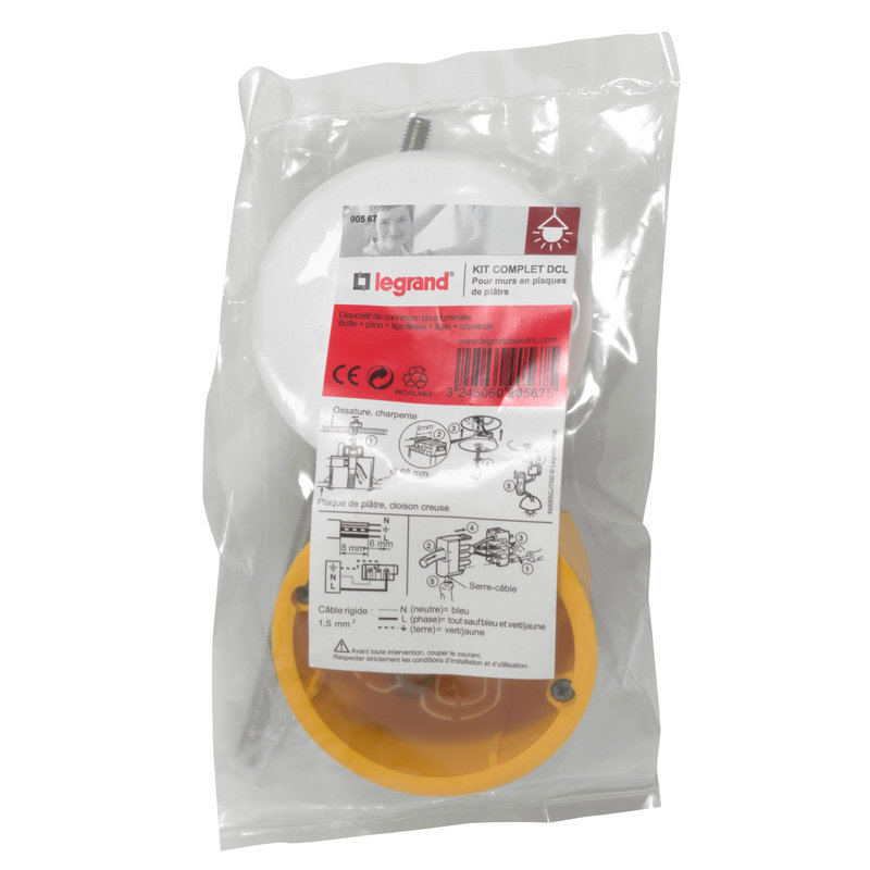 Legrand 090567 - Boîte à encastrer Batibox plaque de plâtre + fiche pour luminaire - Ø67mm