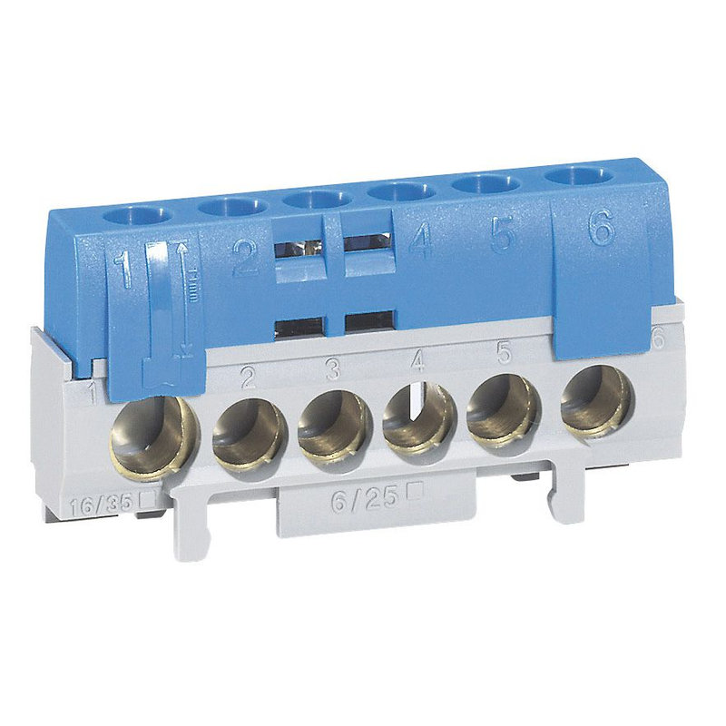 Legrand 092784 - Bornier de neutre - 5 bornes câble 6 à 25 mm² + 1 câble 10 à 35 mm² -bleu