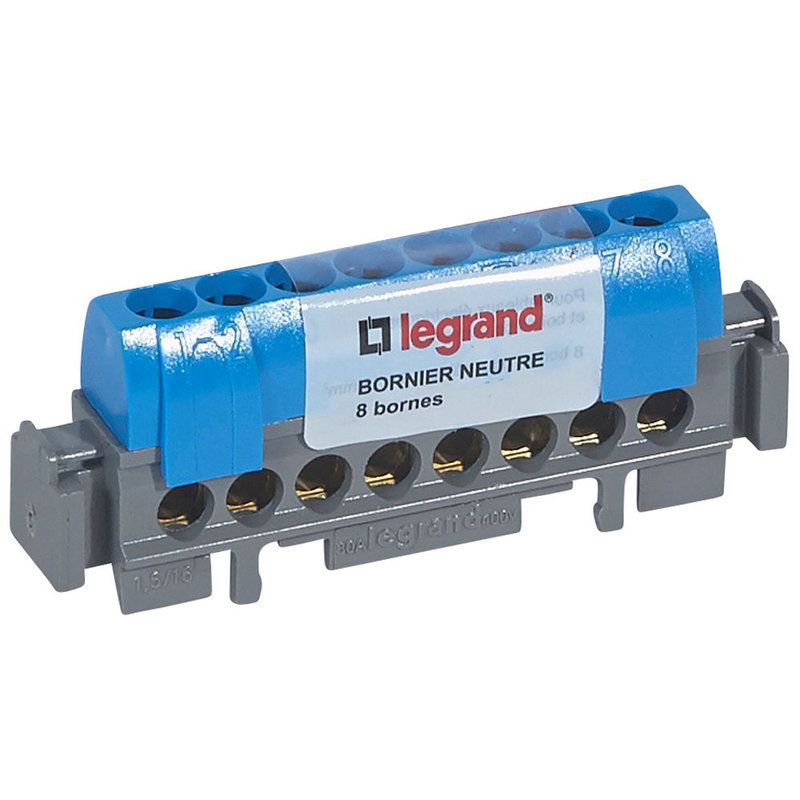 Legrand 092791 - Bornier de neutre - 8 bornes pour câble 1,5mm² à 16mm² - bleu