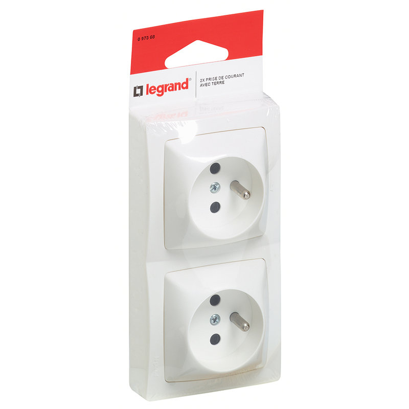 Legrand 097368 - Double prise de courant verticale avec terre Appareillage Saillie - blanc