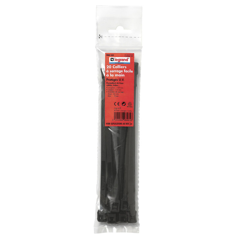 Legrand 098465 - Colliers de serrage intérieur/extérieur x20 - larg. 7,6mm - long. 128mm - noir