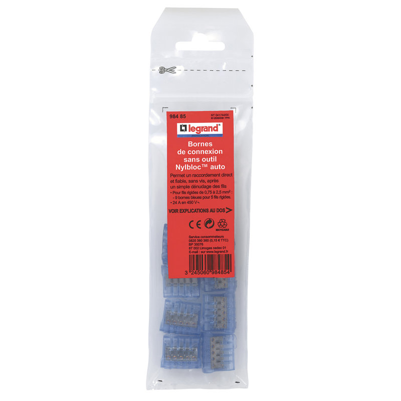 Legrand 098485 - Borne de connexion Nylbloc auto pour fils rigides - 9 bornes bleues pour 5 fils