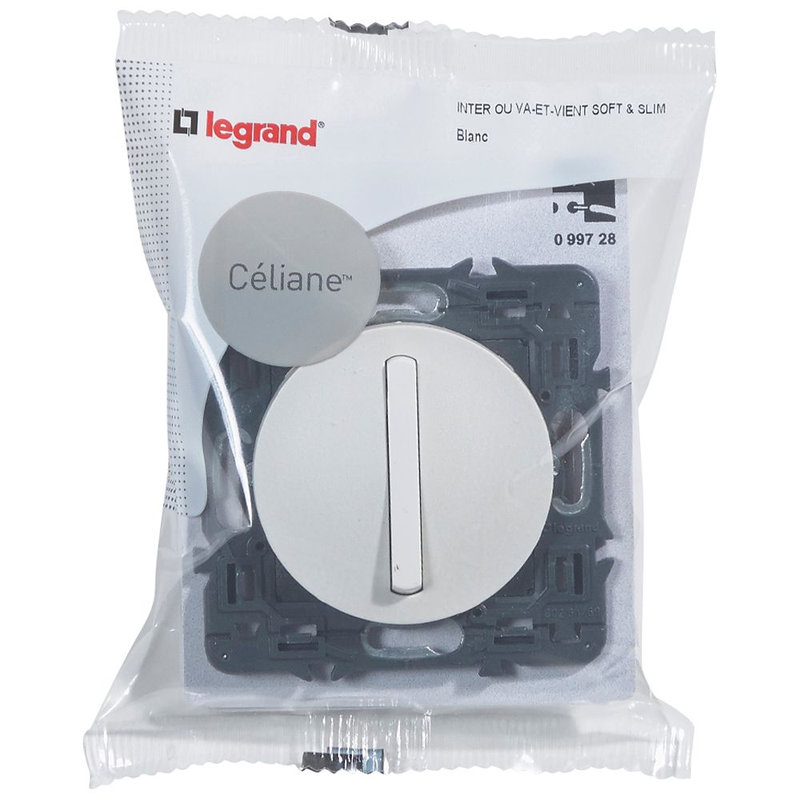 Legrand 099728 - Interrupteur ou va-et-vient doigt étroit Céliane Soft 10A - blanc avec support