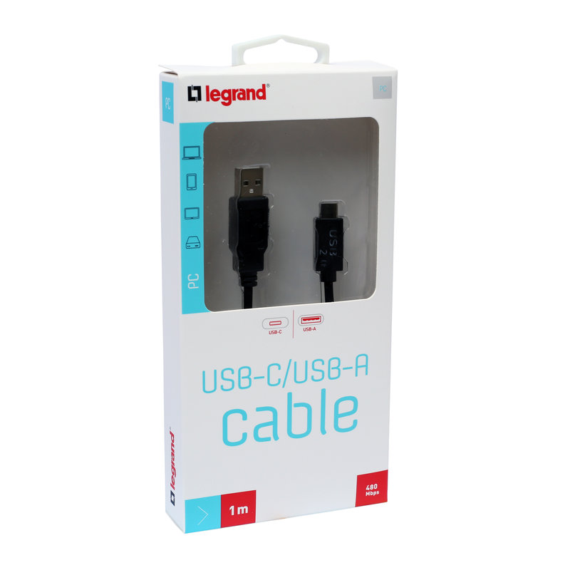 Legrand 090989 - Cordon USB 2.0 Type-C mâle vers USB Type-A mâle - 1m