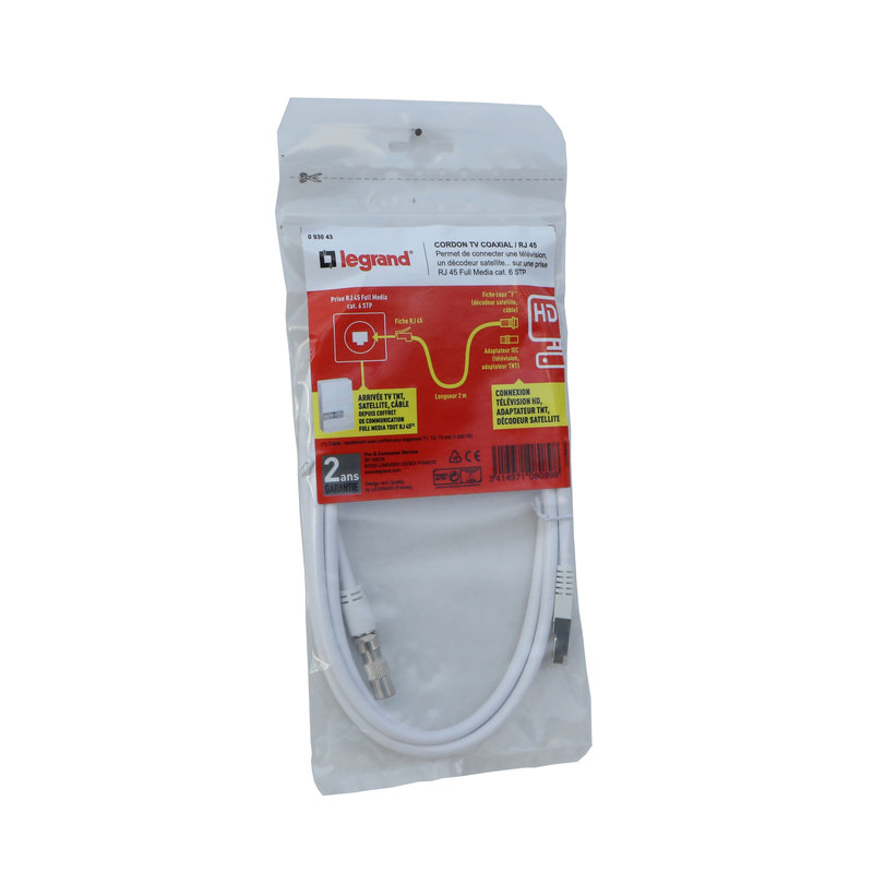 Legrand 093043 - Cordon avec 1 embout coaxial et 1 embout RJ45 - longueur 2m