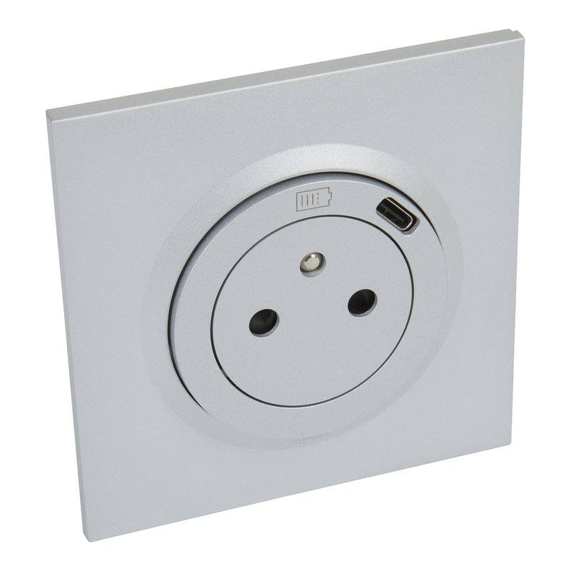 Legrand 095036 - Prise de courant Surface 2P+T avec chargeur USB Type-C dooxie complet - alu