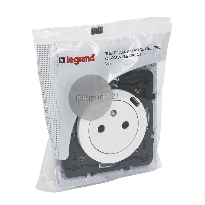 Legrand 099520 - Prise Surface Céliane avec chargeur USB en face avant Type-C - 7,5W - Blanc