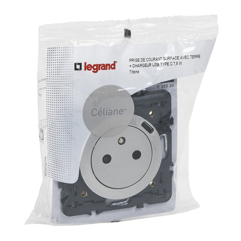 Legrand 099530 - Prise Surface Céliane avec chargeur USB en face avant Type-C - 7,5W - Titane
