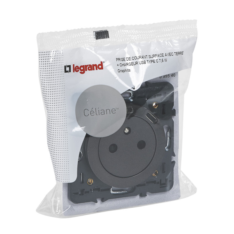 Legrand 099540 - Prise Surface Céliane avec chargeur USB en face avant Type-C - 7,5W - Graphite