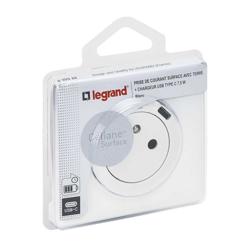 Legrand 099580 - Prise Surface Céliane avec chargeur Type-C 1 poste complet avec plaque blanc