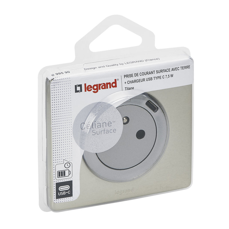 Legrand 099590 - Prise Surface Céliane avec chargeur Type-C 1 poste complet avec plaque titane