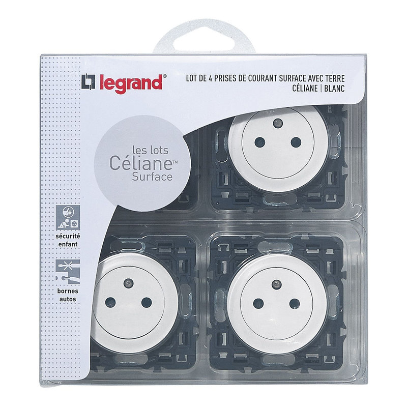 Legrand 200260 - Lot de 4 prises de courant avec terre Céliane Surface - blanc