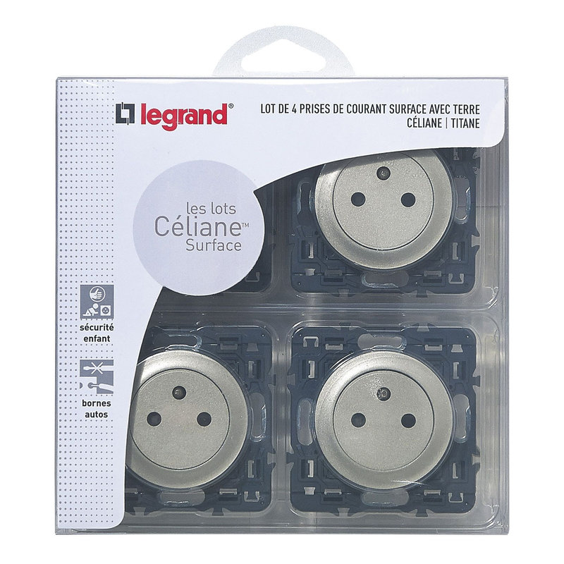 Legrand 200261 - Lot de 4 prises de courant avec terre Céliane Surface - titane