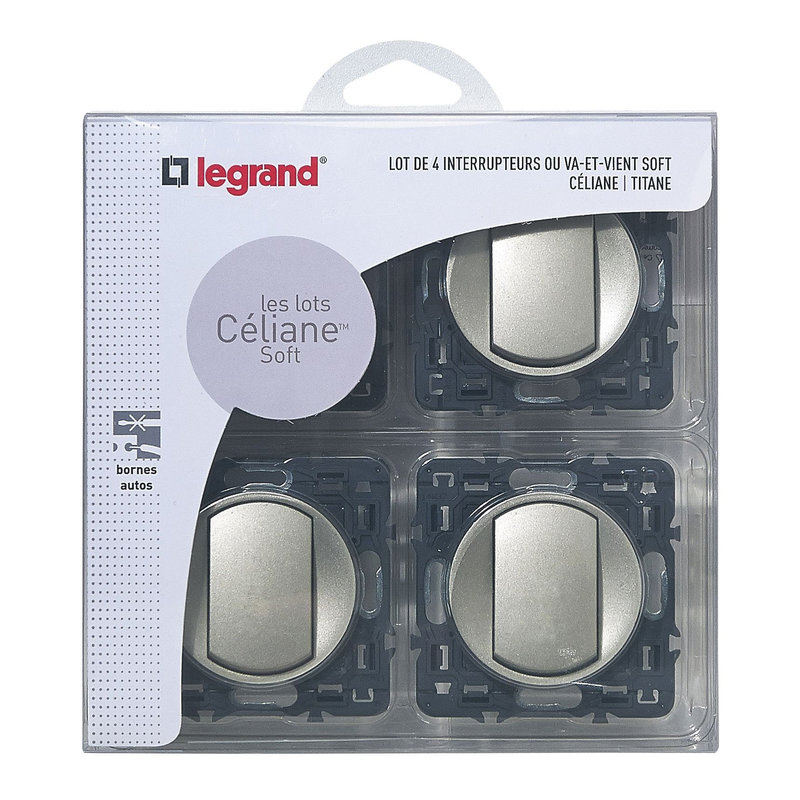 Legrand 200263 - Lot de 4 interrupteurs ou va-et-vient Céliane Soft - titane