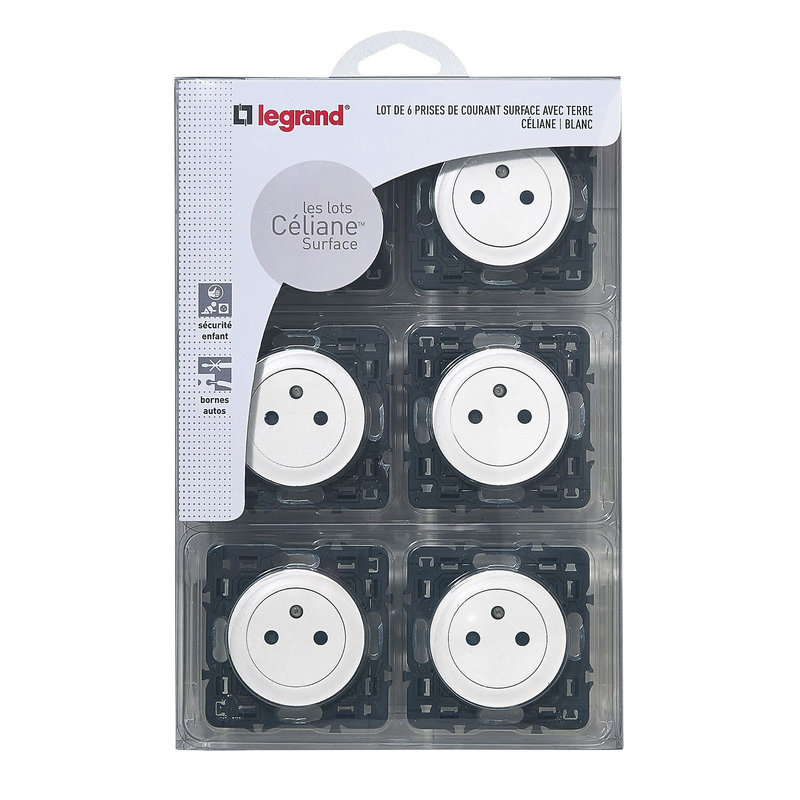 Legrand 200267 - Lot de 6 prises de courant avec terre Céliane Surface - blanc