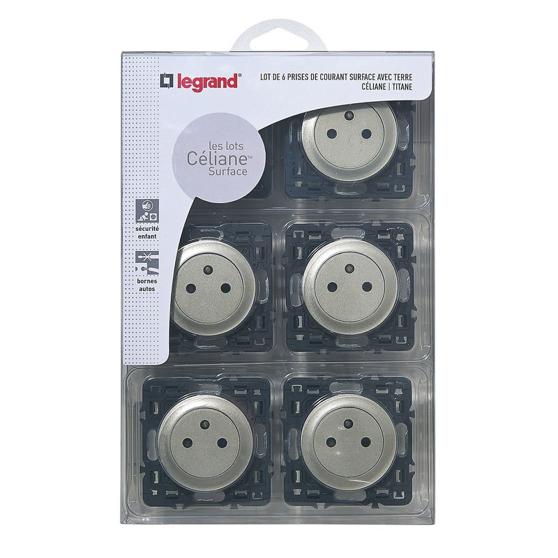 Legrand 200268 - Lot de 6 prises de courant avec terre Céliane Surface - titane