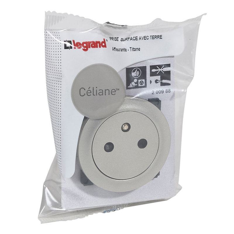 Legrand 200988 - Prise 2P+T Surface Céliane avec enjoliveur titane