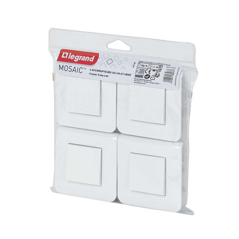 Legrand 200080 - Lot de 4 interrupteurs ou va-et-vient Mosaic 10A blanc complet avec plaque