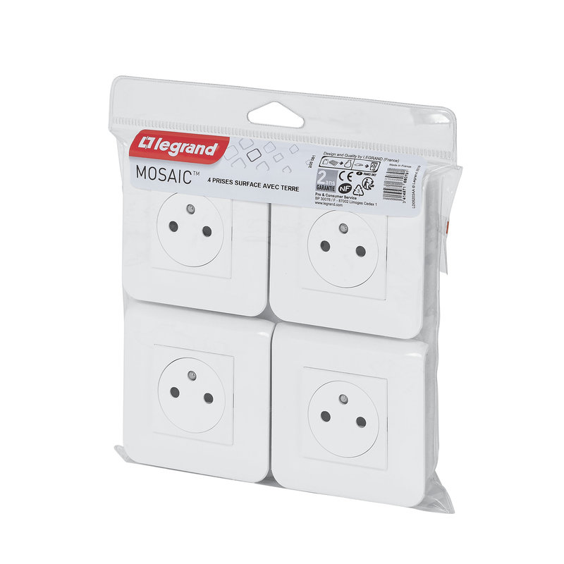 Legrand 200081 - Lot de 4 prises de courant Surface Mosaic blanc complet avec plaque