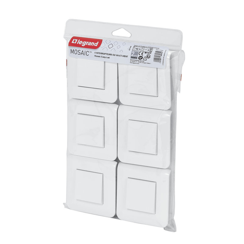 Legrand 200082 - Lot de 6 interrupteurs ou va-et-vient Mosaic 10A blanc complet avec plaque