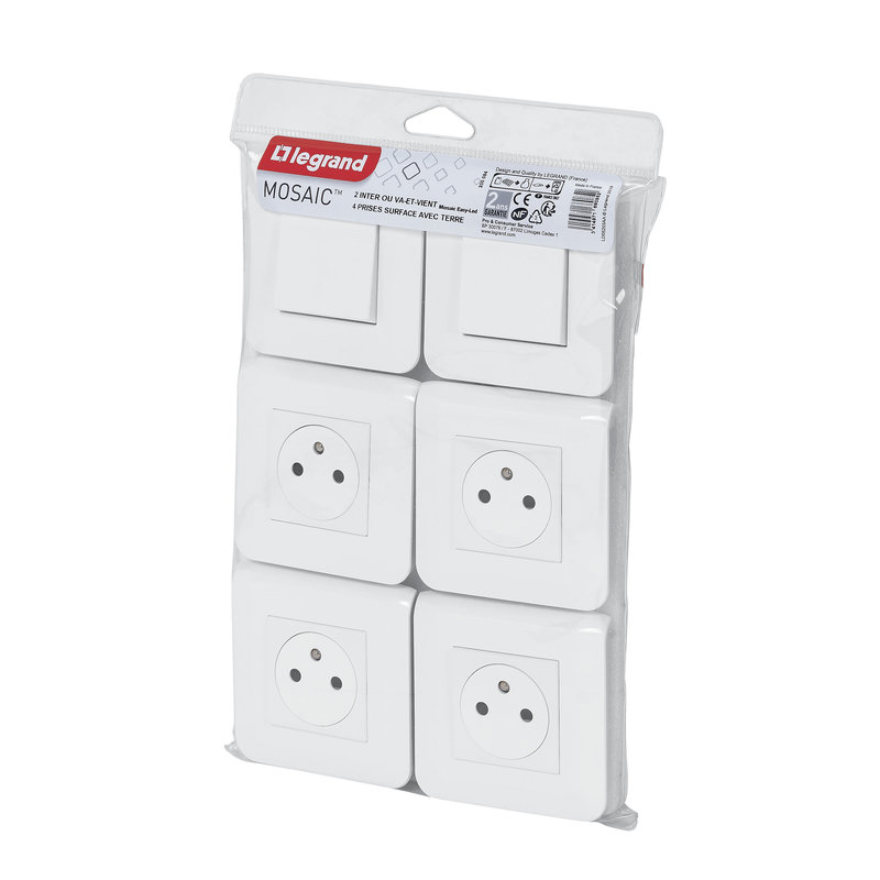 Legrand 200084 - Lot de 2 va-et-vient et 4 prises Surface Mosaic complet à vis - blanc