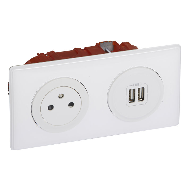 Legrand 200137 - Prise de courant + chargeur 2 USB avec plaque Céliane +boite à encastrer - Blanc