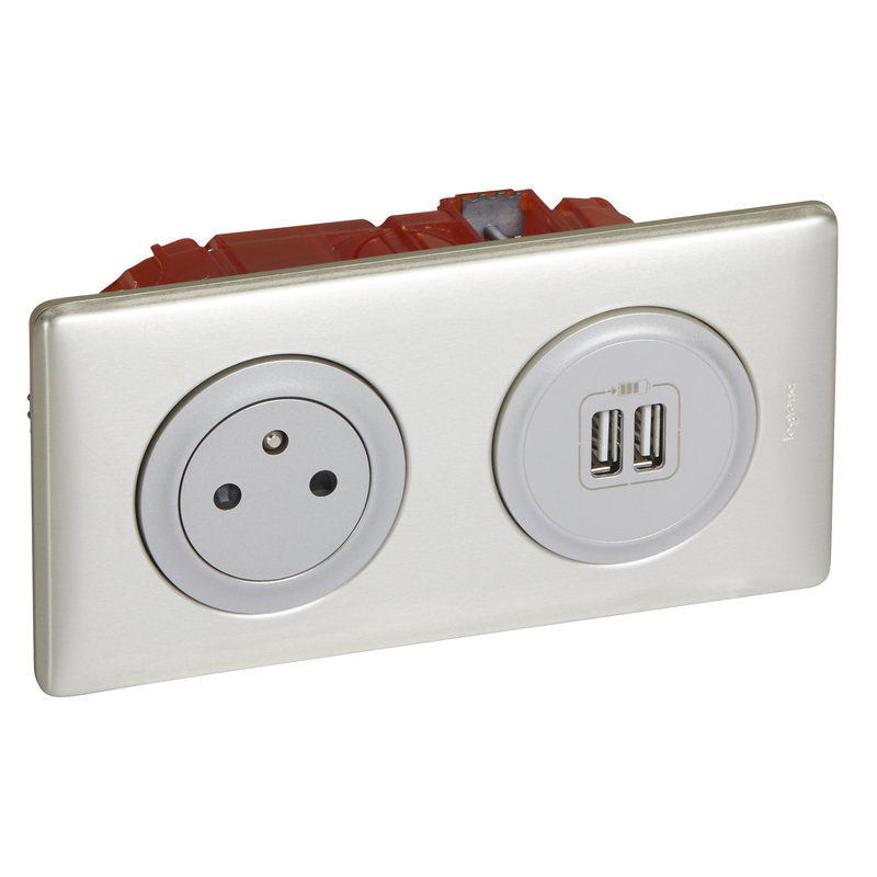 Legrand 200138 - Prise de courant + chargeur 2 USB avec plaque Céliane +boite à encastrer -Titane