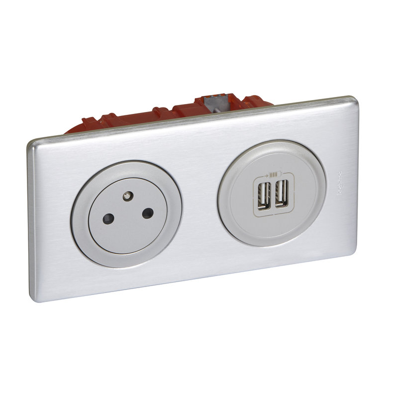 Legrand 200139 - Prise de courant + chargeur 2 USB avec plaque Céliane + boite à encastrer - Alu