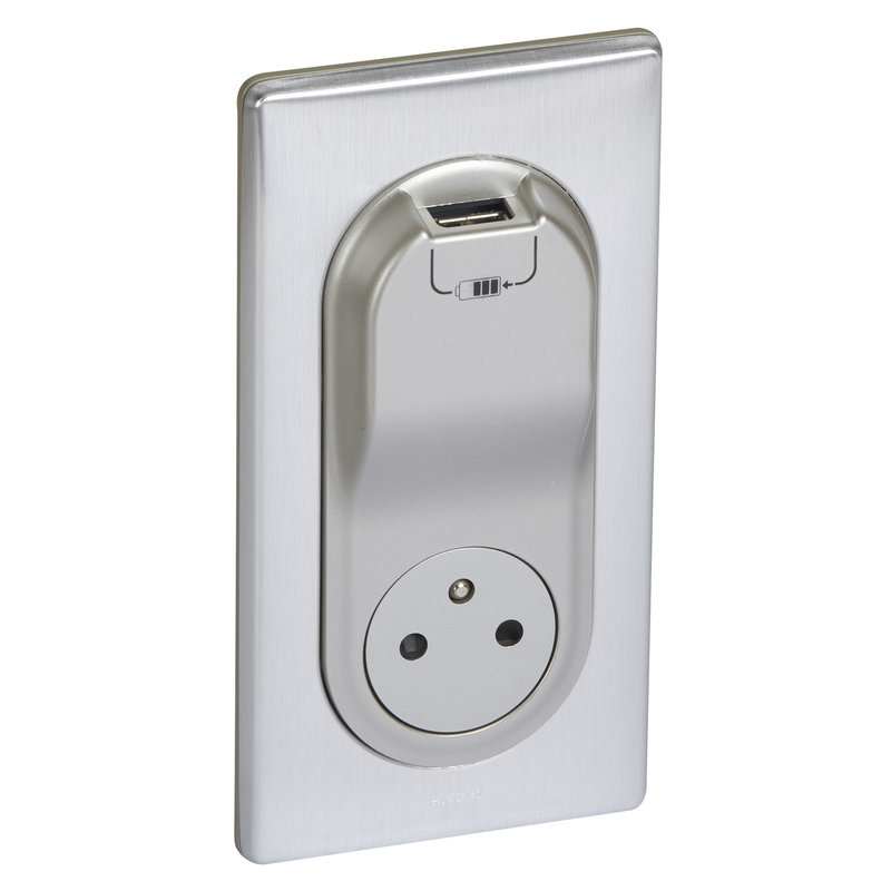 Legrand 200237 - Prise Céliane Surface + chargeur USB avec plaque + boite 1 poste - Alu