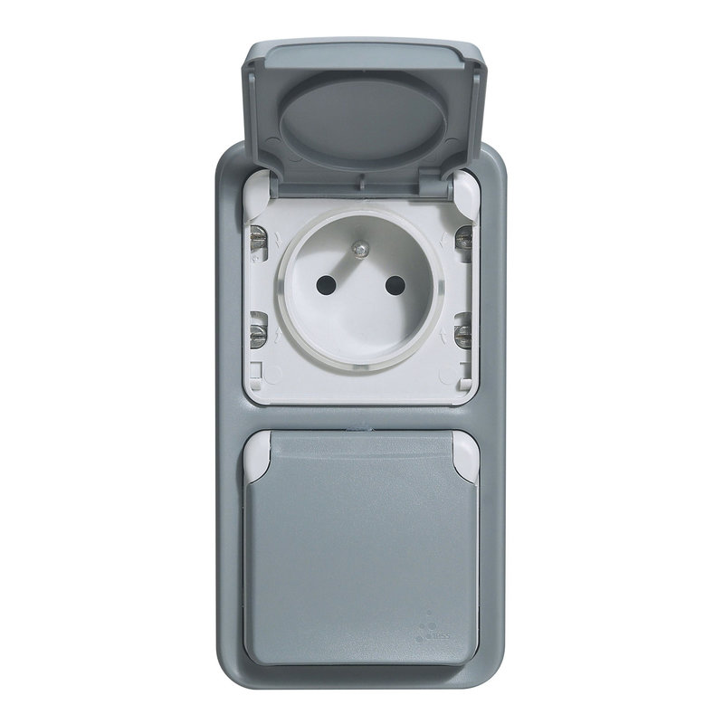 Legrand 069913 - Double prise de courant avec terre Plexo apparent vertical - Gris