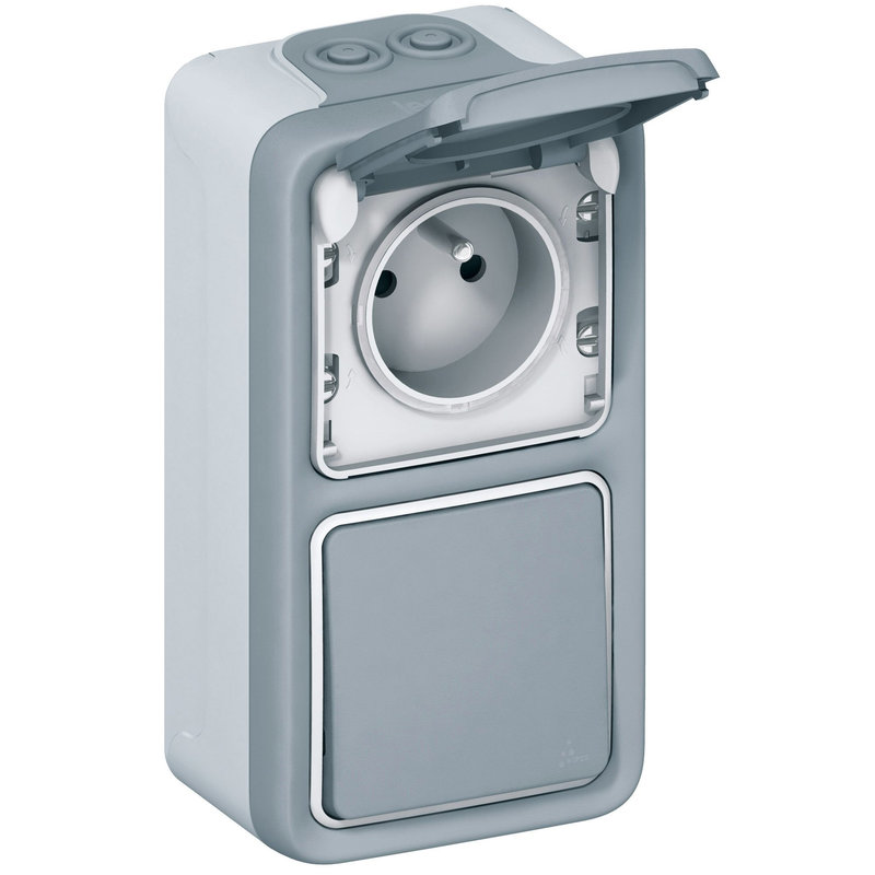 Legrand 069914 - Interrupteur ou va-et-vient + prise avec terre Plexo saillie vertical - Gris