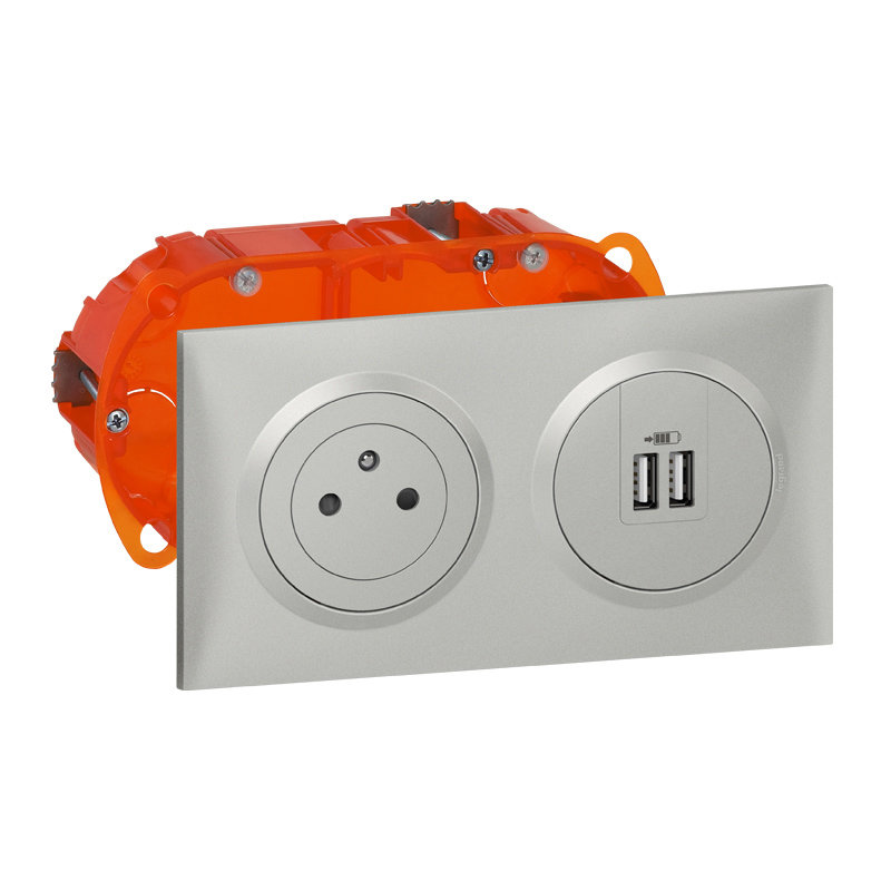 Legrand 300408 - Kit prise Surface + chargeur 2 USB TypeA dooxie 3A précâblés finition alu