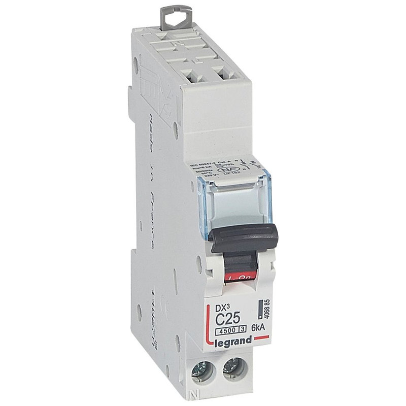 Legrand 406885 - Disjoncteur DX³ 1P+N à gauche 25A 4500A/6kA bornes auto