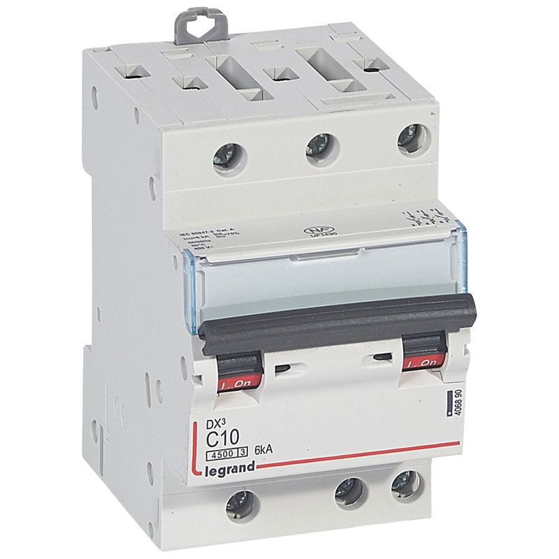 Legrand 406890 - Disjoncteur DX³4500 6kA bornes à vis 3P 400V~ 10A courbe C - 3 modules
